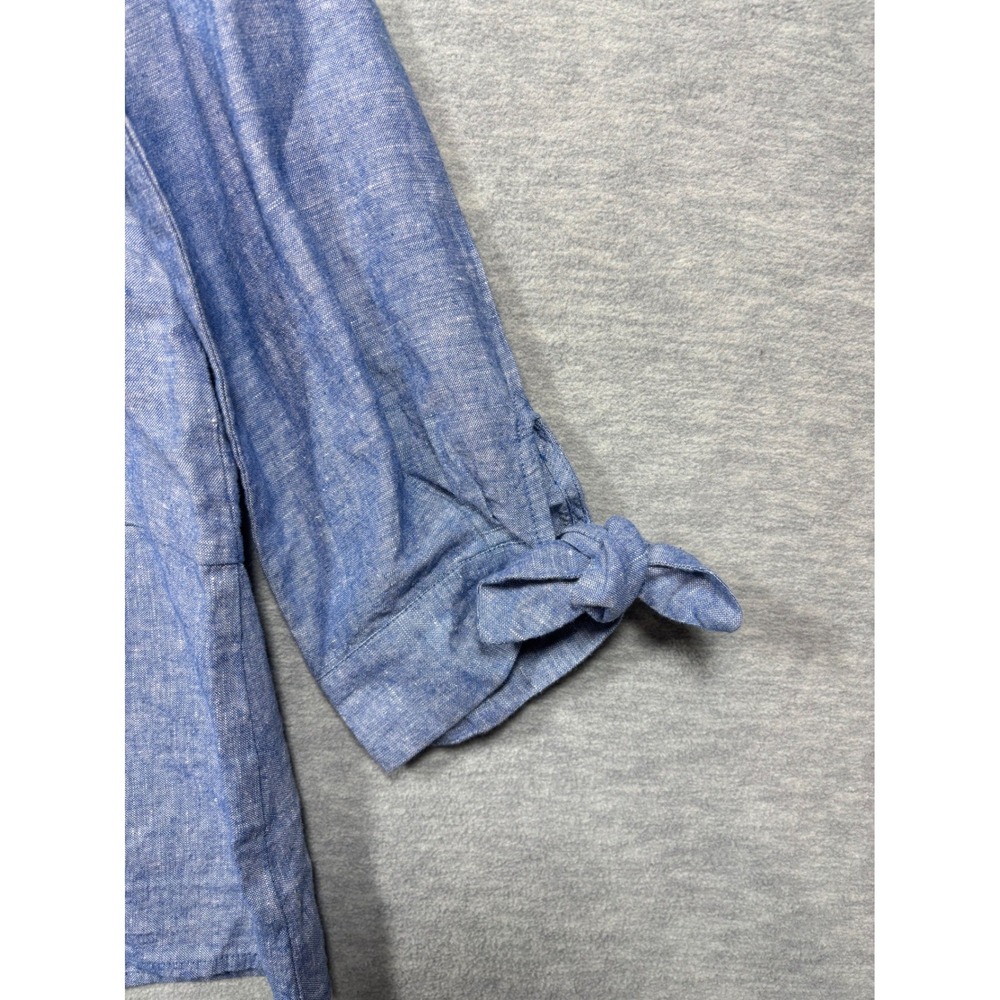 Liz Claiborne Top M Blue Linen Blend Henley Blouse 3/4 Tie Sleeve Casual - Picture 5 of 5